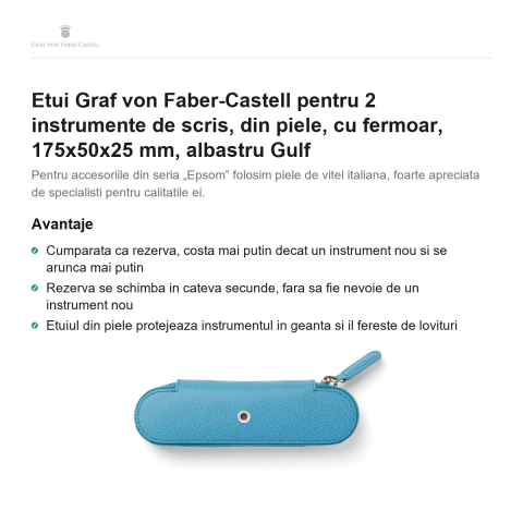 Etui Graf von Faber-Castell pentru 2 instrumente de scris, din piele, cu fermoar, 175x50x25 mm, albastru Gulf [1]