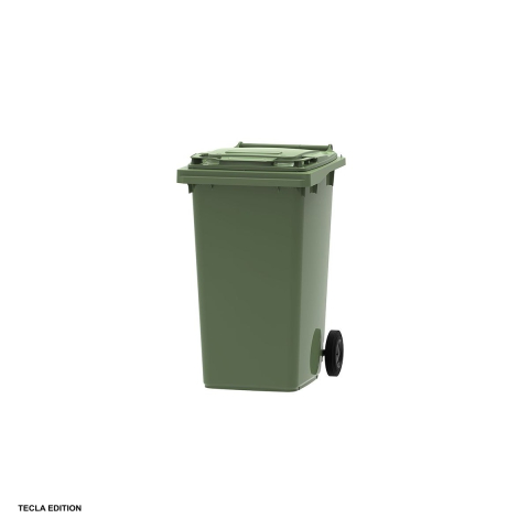 Europubela 120 litri din polietilena HDPE, 2 roti din cauciuc de 200 mm, capac plat rabatabil, rezistenta la UV, standard EN 840 [4]