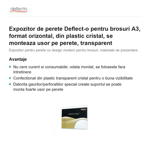 Expozitor de perete Deflect-o pentru brosuri A3, format orizontal, din plastic cristal, se monteaza usor pe perete, transparent [1]