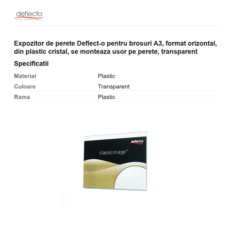 Expozitor de perete Deflect-o pentru brosuri A3, format orizontal, din plastic cristal, se monteaza usor pe perete, transparent [2]