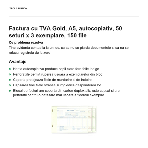 Factura cu TVA Gold, A5, autocopiativ, 50 seturi x 3 exemplare, 150 file [1]
