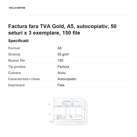 Factura fara TVA Gold, A5, autocopiativ, 50 seturi x 3 exemplare, 150 file [2]