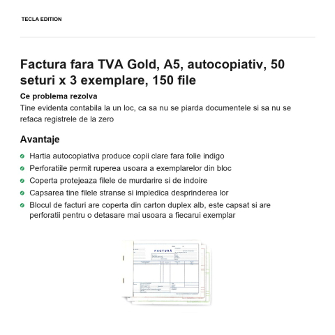 Factura fara TVA Gold, A5, autocopiativ, 50 seturi x 3 exemplare, 150 file [1]
