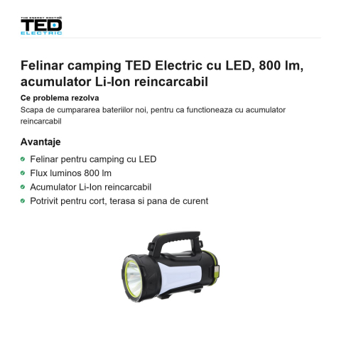 Felinar camping TED Electric cu LED, 800 lm, acumulator Li-Ion reincarcabil [1]