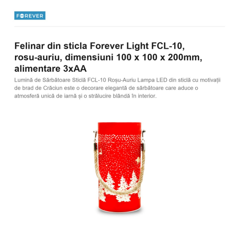 Felinar din sticla Forever Light FCL-10, rosu-auriu, dimensiuni 100 x 100 x 200mm, alimentare 3xAA [1]