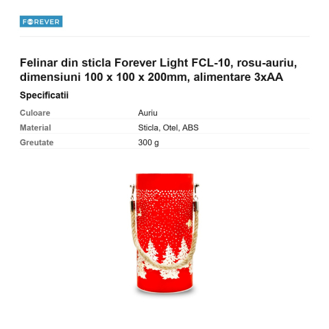 Felinar din sticla Forever Light FCL-10, rosu-auriu, dimensiuni 100 x 100 x 200mm, alimentare 3xAA [2]