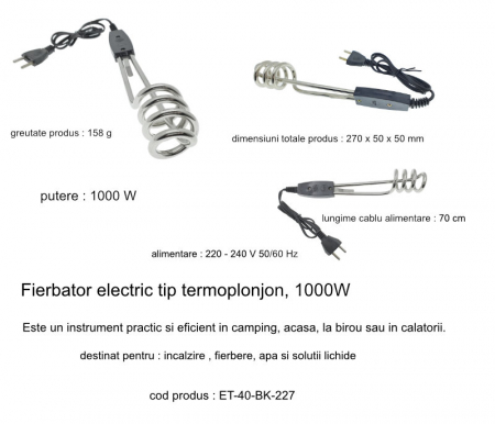 Fierbator electric tip termoplonjon, 1000W, lungime totala 27 cm, cablu alimentare 70 cm, negru [3]