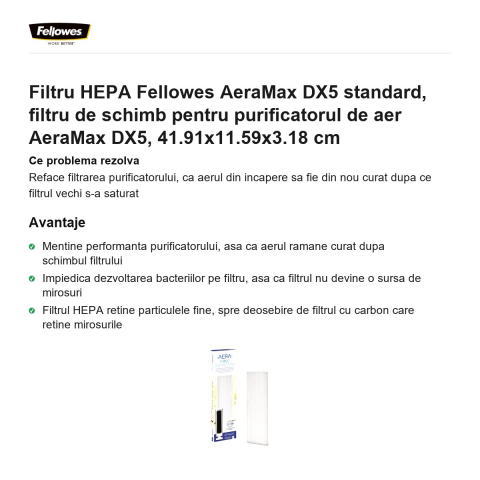 Filtru HEPA Fellowes AeraMax DX5 standard, filtru de schimb pentru purificatorul de aer AeraMax DX5, 41.91x11.59x3.18 cm [1]