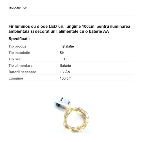 Fir luminos cu diode LED-uri, lungime 100cm, pentru iluminarea ambientala si decoratiuni, alimentate cu o baterie AA [2]