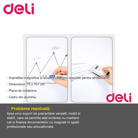 Flipchart magnetic mobil Deli, suprafata melamina lavabila, unghi ajustabil, pentru prezentari profesionale [1]