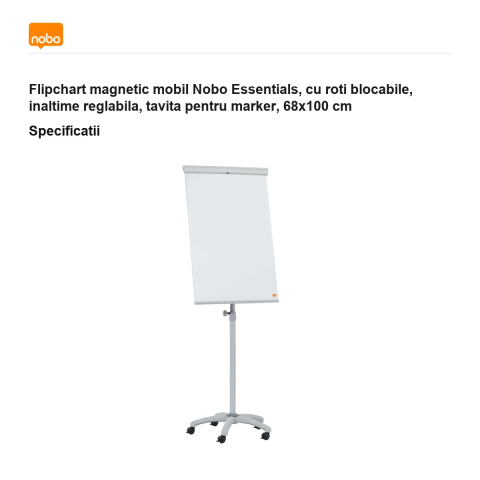Flipchart magnetic mobil Nobo Essentials, cu roti blocabile, inaltime reglabila, tavita pentru marker, 68x100 cm [2]