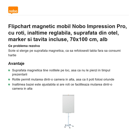 Flipchart magnetic mobil Nobo Impression Pro, cu roti, inaltime reglabila, suprafata din otel, marker si tavita incluse, 70x100 cm, alb [1]