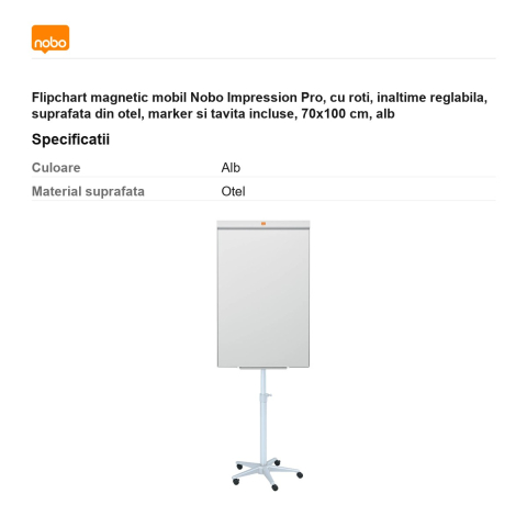 Flipchart magnetic mobil Nobo Impression Pro, cu roti, inaltime reglabila, suprafata din otel, marker si tavita incluse, 70x100 cm, alb [2]