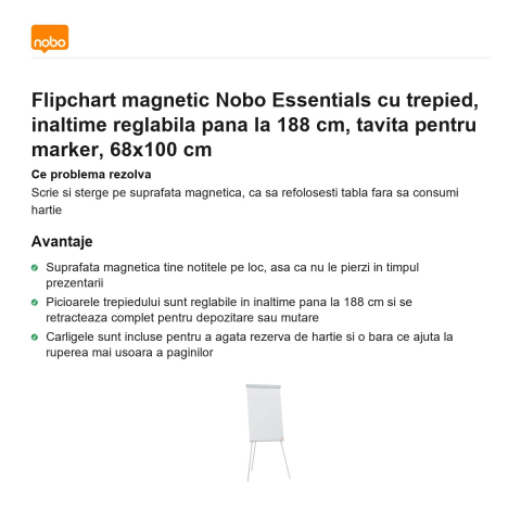 Flipchart magnetic Nobo Essentials cu trepied, inaltime reglabila pana la 188 cm, tavita pentru marker, 68x100 cm [1]