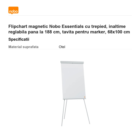 Flipchart magnetic Nobo Essentials cu trepied, inaltime reglabila pana la 188 cm, tavita pentru marker, 68x100 cm [2]