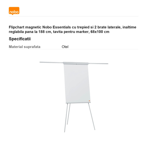 Flipchart magnetic Nobo Essentials cu trepied si 2 brate laterale, inaltime reglabila pana la 188 cm, tavita pentru marker, 68x100 cm [2]