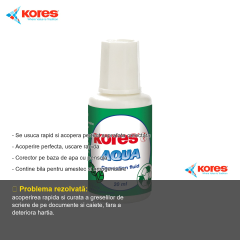 Fluid corector pe baza de apa Kores, 20 ml, cu pensula, uscare rapida, pentru birou si scoala [1]