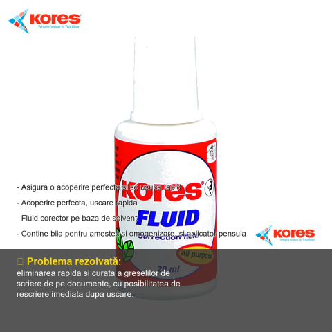 Fluid corector pe baza de solvent Kores, 20ml, cu pensula si bila de amestecare, uscare rapida [1]