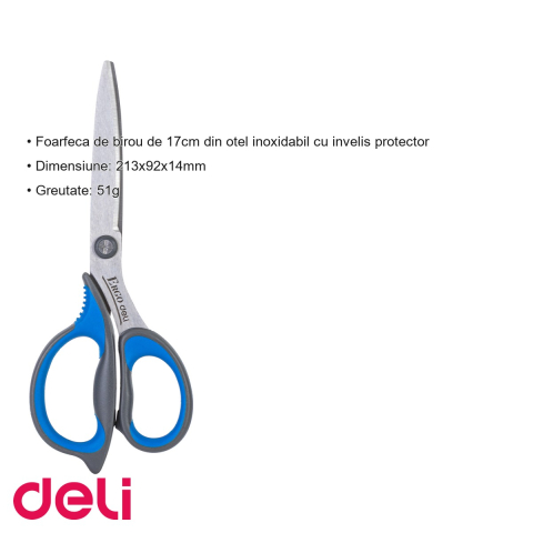 Foarfeca de birou Deli, 17cm, lama din otel inoxidabil cu grip ergonomic, pentru uz zilnic la birou [2]