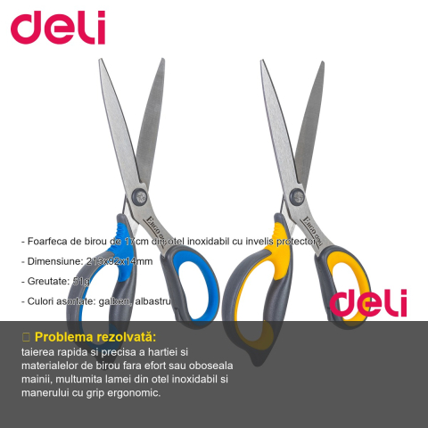 Foarfeca de birou Deli, 17cm, lama din otel inoxidabil cu grip ergonomic, pentru uz zilnic la birou [1]