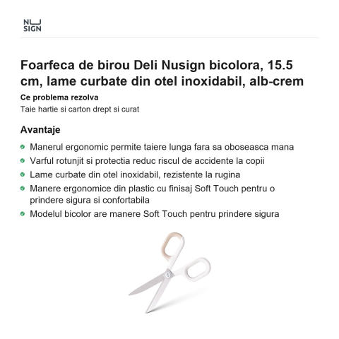 Foarfeca de birou Deli Nusign bicolora, 15.5 cm, lame curbate din otel inoxidabil, alb-crem [1]