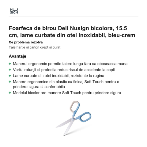 Foarfeca de birou Deli Nusign bicolora, 15.5 cm, lame curbate din otel inoxidabil, bleu-crem [1]