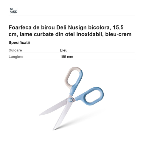 Foarfeca de birou Deli Nusign bicolora, 15.5 cm, lame curbate din otel inoxidabil, bleu-crem [2]