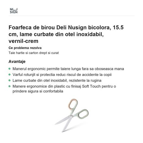 Foarfeca de birou Deli Nusign bicolora, 15.5 cm, lame curbate din otel inoxidabil, vernil-crem [1]