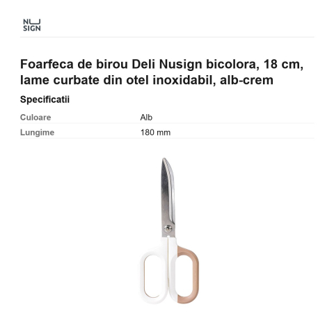 Foarfeca de birou Deli Nusign bicolora, 18 cm, lame curbate din otel inoxidabil, alb-crem [2]