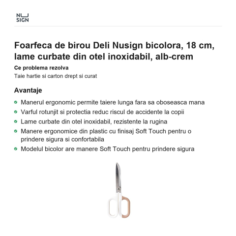 Foarfeca de birou Deli Nusign bicolora, 18 cm, lame curbate din otel inoxidabil, alb-crem [1]
