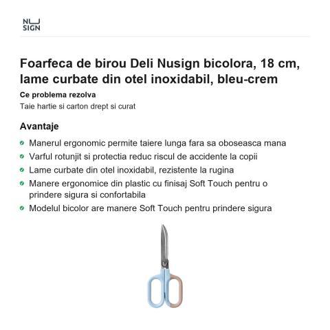 Foarfeca de birou Deli Nusign bicolora, 18 cm, lame curbate din otel inoxidabil, bleu-crem [1]