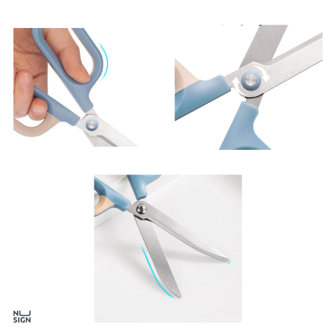 Foarfeca de birou Deli Nusign bicolora, 18 cm, lame curbate din otel inoxidabil, bleu-crem [3]