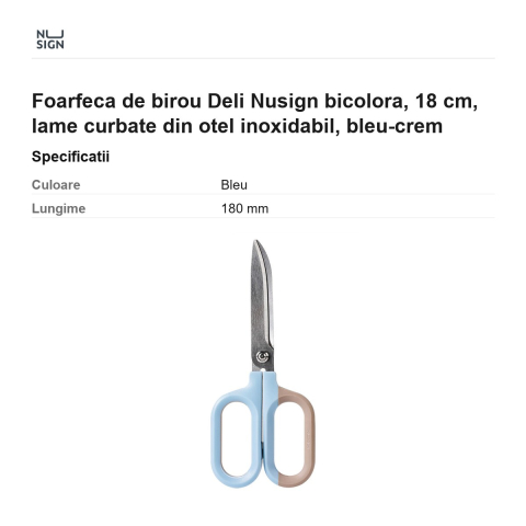 Foarfeca de birou Deli Nusign bicolora, 18 cm, lame curbate din otel inoxidabil, bleu-crem [2]