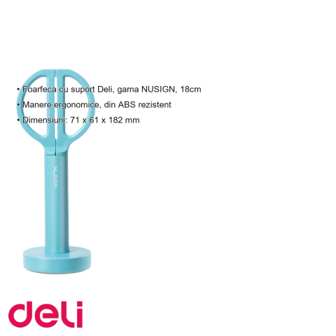 Foarfeca de birou Deli NuSign cu suport, lame inox, manere ergonomice, 18 cm, albastra [2]