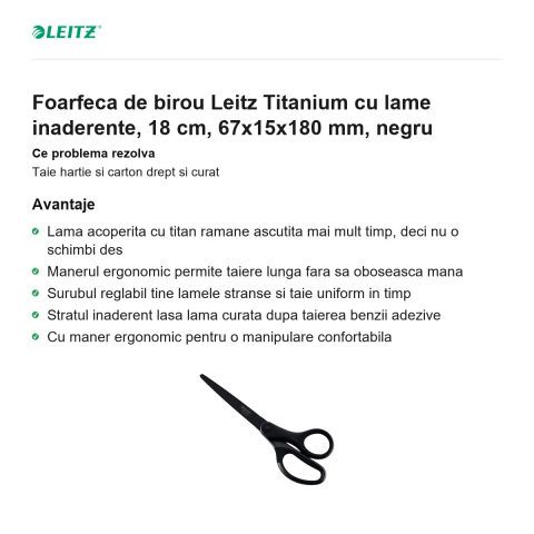 Foarfeca de birou Leitz Titanium cu lame inaderente, 18 cm, 67x15x180 mm, negru [1]