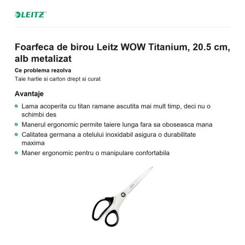 Foarfeca de birou Leitz WOW Titanium, 20.5 cm, alb metalizat [1]