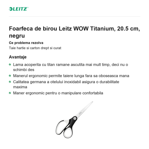 Foarfeca de birou Leitz WOW Titanium, 20.5 cm, negru [1]