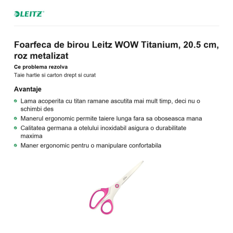Foarfeca de birou Leitz WOW Titanium, 20.5 cm, roz metalizat [1]