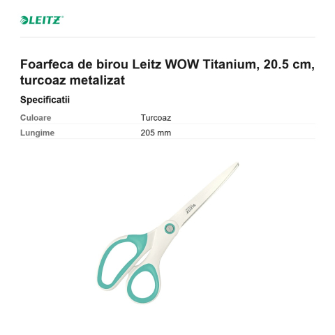 Foarfeca de birou Leitz WOW Titanium, 20.5 cm, turcoaz metalizat [2]