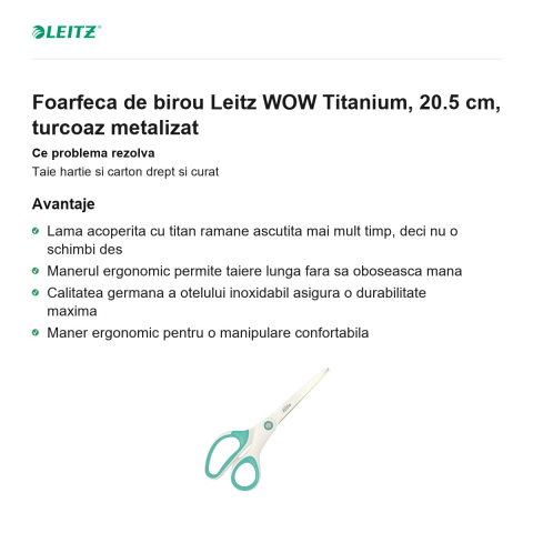 Foarfeca de birou Leitz WOW Titanium, 20.5 cm, turcoaz metalizat [1]