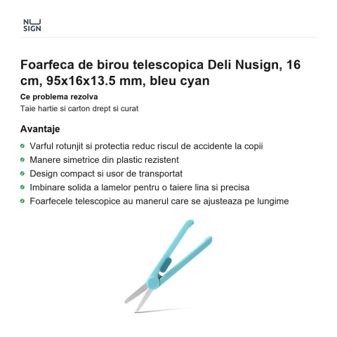 Foarfeca de birou telescopica Deli Nusign, 16 cm, 95x16x13.5 mm, bleu cyan [1]