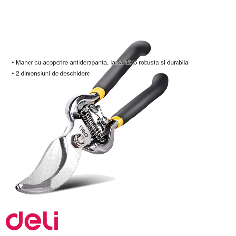 Foarfeca de gradinarit Deli 8", lama SK5 robusta, maner antiderapant, 2 dimensiuni de deschidere [2]