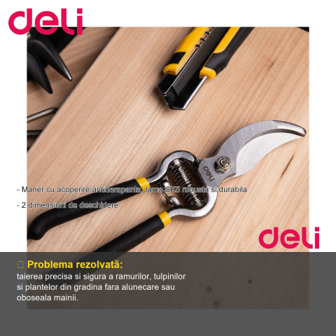 Foarfeca de gradinarit Deli 8", lama SK5 robusta, maner antiderapant, 2 dimensiuni de deschidere [1]