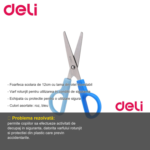 Foarfeca scolara Deli, lama inox 12cm, varf rotunjit cu protectie, pentru copii [1]