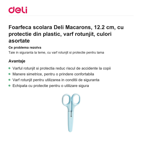 Foarfeca scolara Deli Macarons, 12.2 cm, cu protectie din plastic, varf rotunjit, culori asortate [1]
