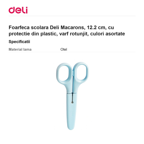 Foarfeca scolara Deli Macarons, 12.2 cm, cu protectie din plastic, varf rotunjit, culori asortate [2]
