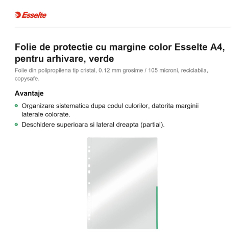 Folie de protectie cu margine color Esselte A4, pentru arhivare, verde [1]