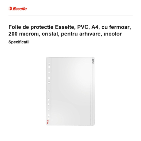Folie de protectie Esselte, PVC, A4, cu fermoar, 200 microni, cristal, pentru arhivare, incolor [2]