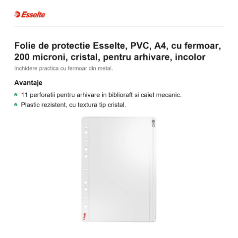 Folie de protectie Esselte, PVC, A4, cu fermoar, 200 microni, cristal, pentru arhivare, incolor [1]