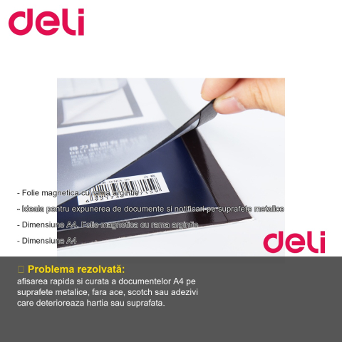 Folie magnetica Deli A4 cu rama argintie, pentru expunerea documentelor pe suprafete metalice [1]